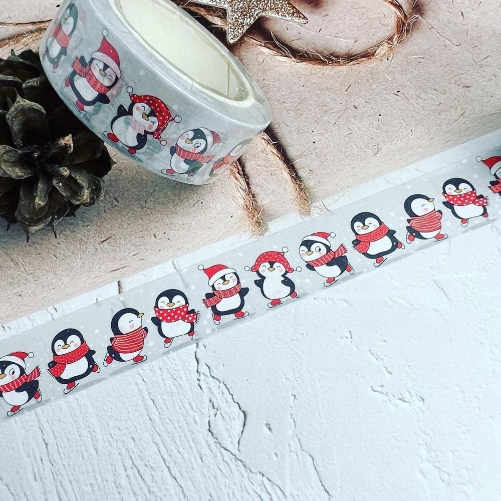 Chubby Penguins Iceskating With Friends, Winter & Holiday Washi Tape, 1 Roll - Picture 1 of 8
